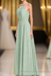 Sage Green Chiffon Halter A-Line Long Bridesmaid Dress